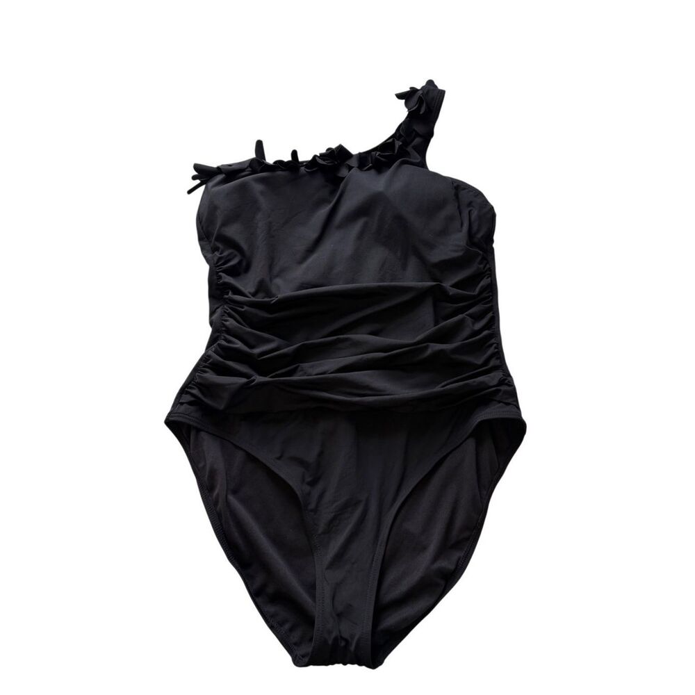 Kenneth Cole fringed one shoulder black swimsuit with ruched bodice - XL